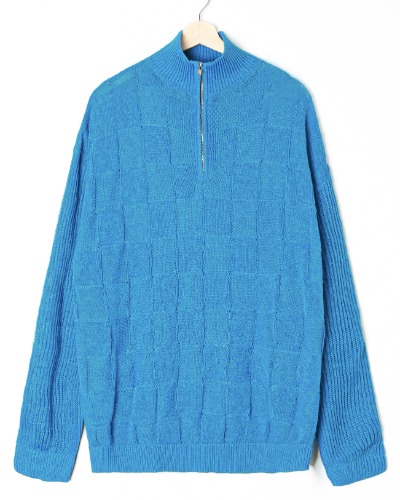 [999HUMANITY] CHESSBOARD KNITTED HALF ZIP UP (COBALT BLUE)